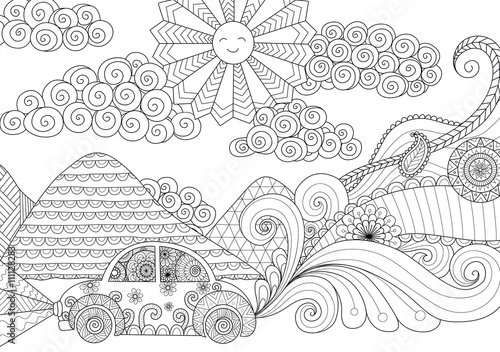 Drive around clean lines doodle design for coloring book for adult