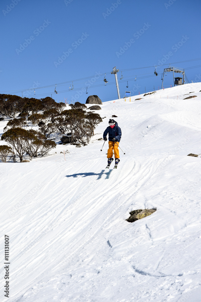 Skier racing and jumping through a Ski Cross Course - racing against the clock in the Australian Alps. Skier racing and jumping through a Ski Cross Course - racing against the clock in the Australian Alps.