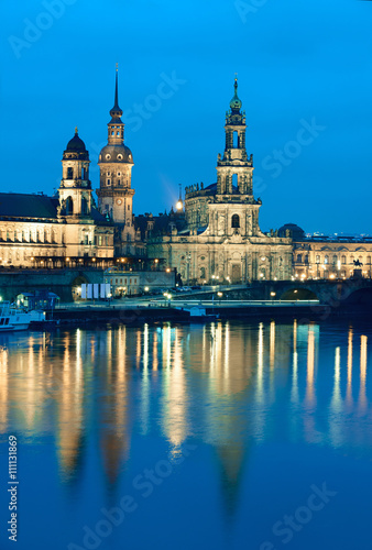 Dresden, Hofkirche and Castle Towers at night with reflection