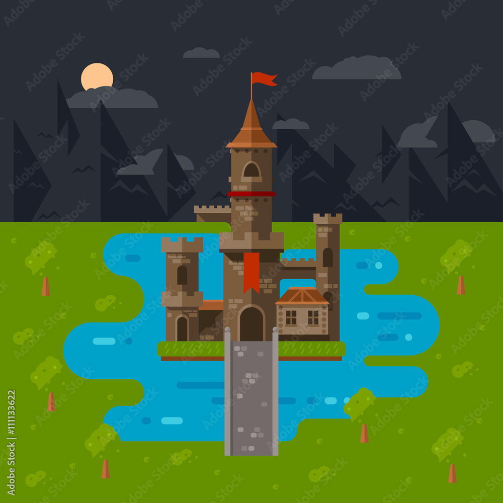flat castle art, abstract medieval kids background