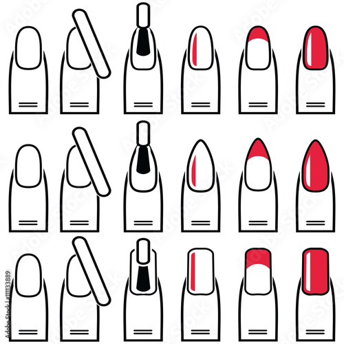 Female manicure  gel & hybrid  nails vary styles and shapes including almond , square , rounded nails and manicure in plain and color nail style polish, French manicure style as icons set in color 
