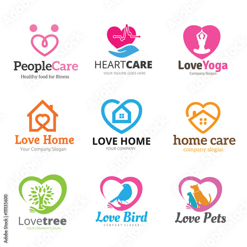 Love care and heart symbol logo set for Eco, home, pets, real estate brand identity