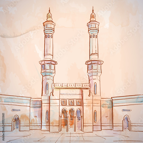 Mosque sketch - Masjid Al Haram in Mecca Saudi Arabia - vector watercolor brush illustration