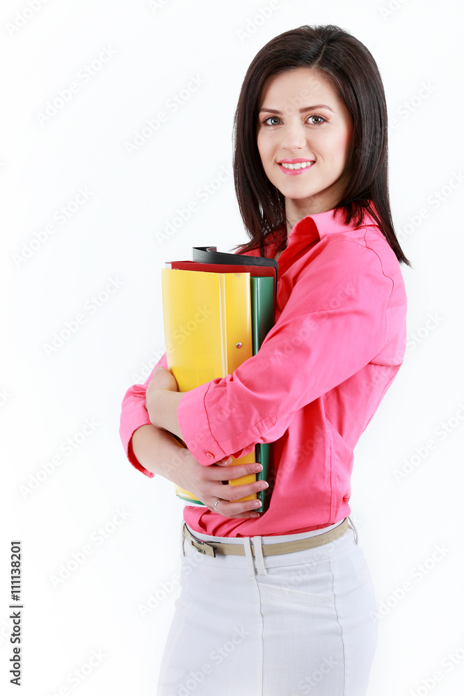 businesswoman with colorful folders isolated on white background businesswoman with colorful folders isolated on white background