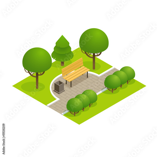    Park concept with trees, bench and sidewalk in 3d flat isometric style. Vector illustration.