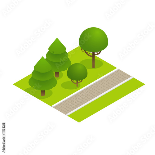    Park concept with trees and sidewalk in 3d flat isometric style. Vector illustration.