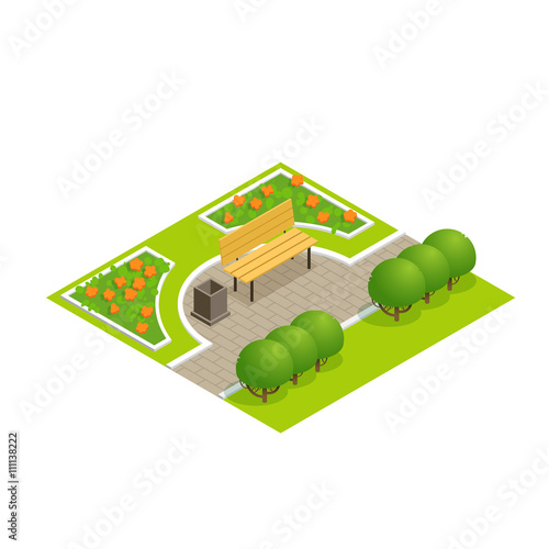    Park concept with trees, bench and sidewalk in 3d flat isometric style. Vector illustration.