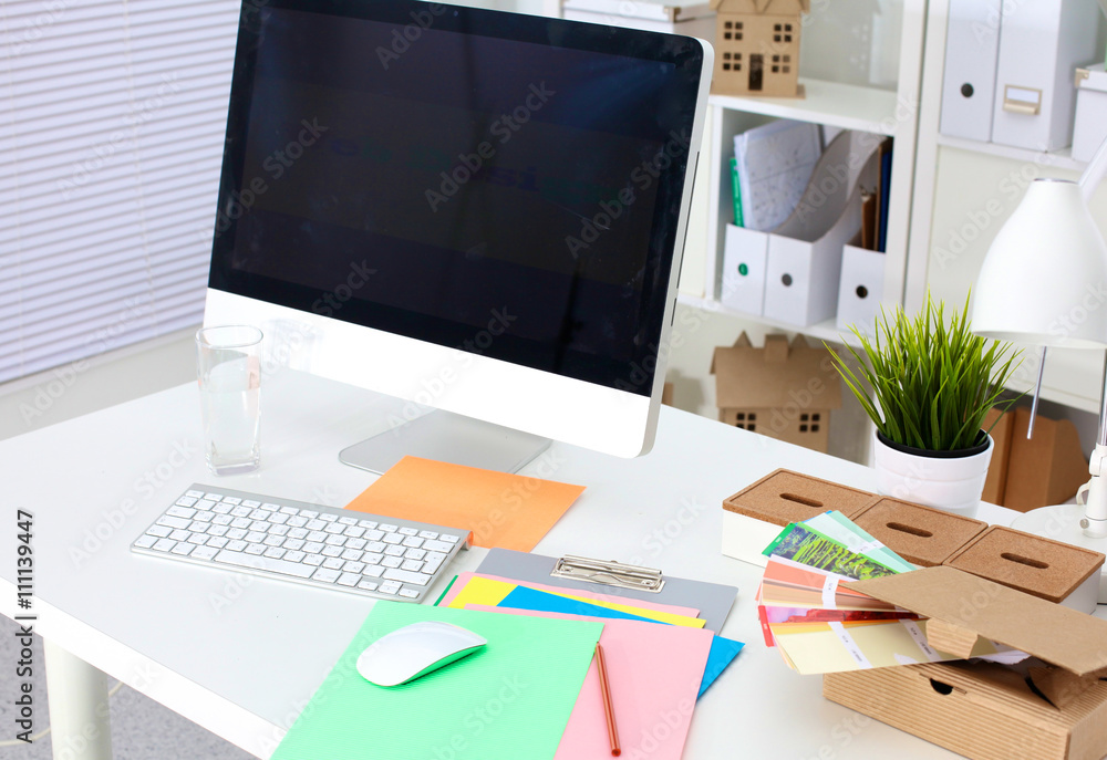 Fototapeta premium Office workplace with laptop and smart phone on wood table