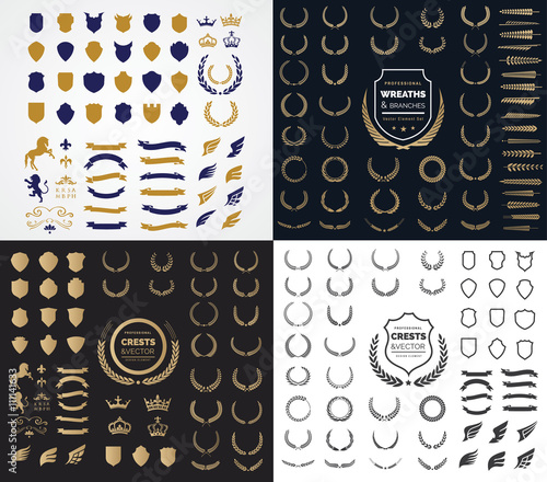 Crests logo element set.Heraldic logo,shield logo element,vintage laurel wreaths, Heraldic Design Elements
