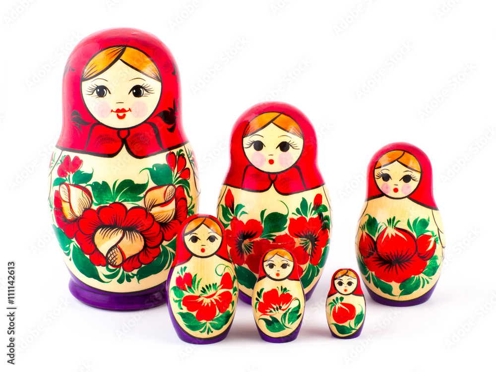 Russian nesting dolls. Babushkas or matryoshkas. Set of 6 pieces