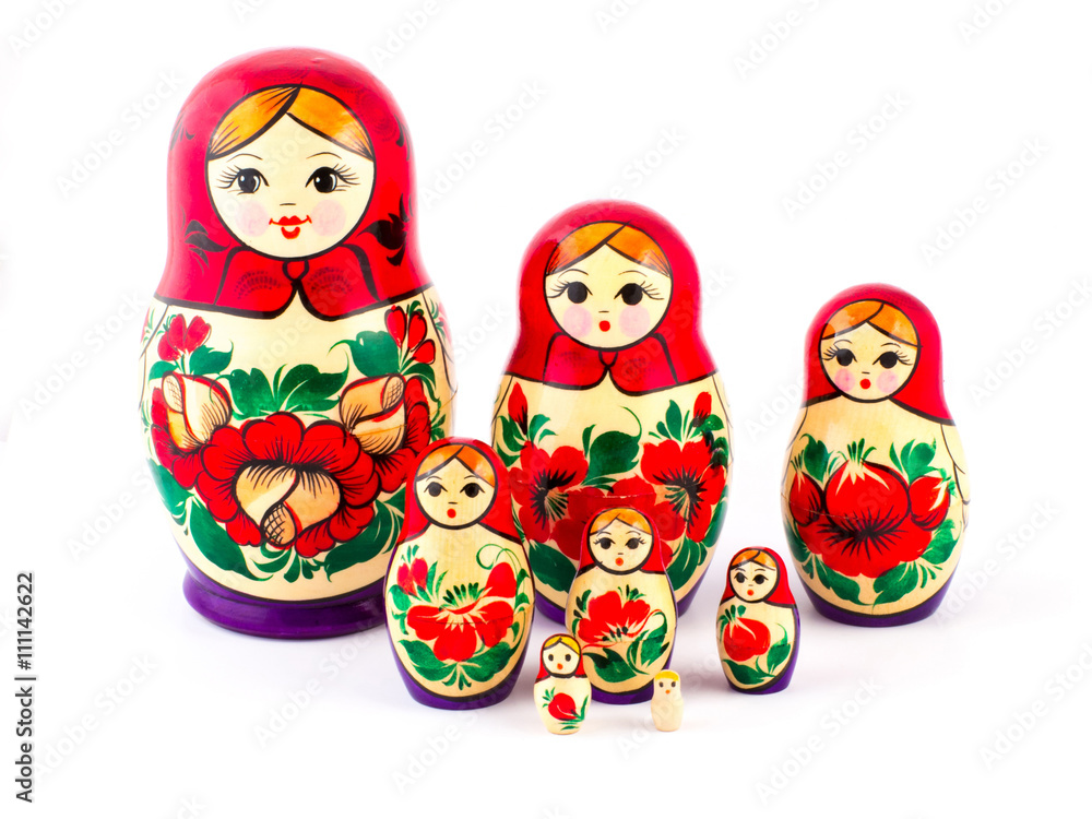Russian nesting dolls. Babushkas or matryoshkas. Set of 8 pieces
