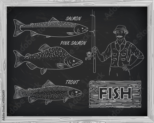 beautiful pattern of salmon, trout and pink salmon. Fisherman wi