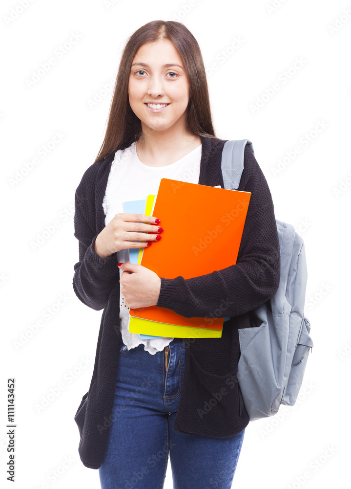 Portrait of a cute young student girl holding colorful notebooks Portrait of a cute young student girl holding colorful notebooks