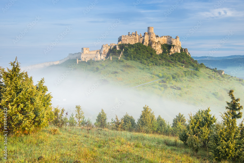 sun light on the old castle and fog in the forest in Slovakia 