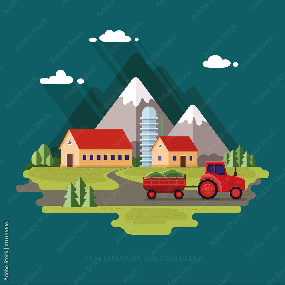 Agricultural landscape. Red tractor on a farm background..  Flat