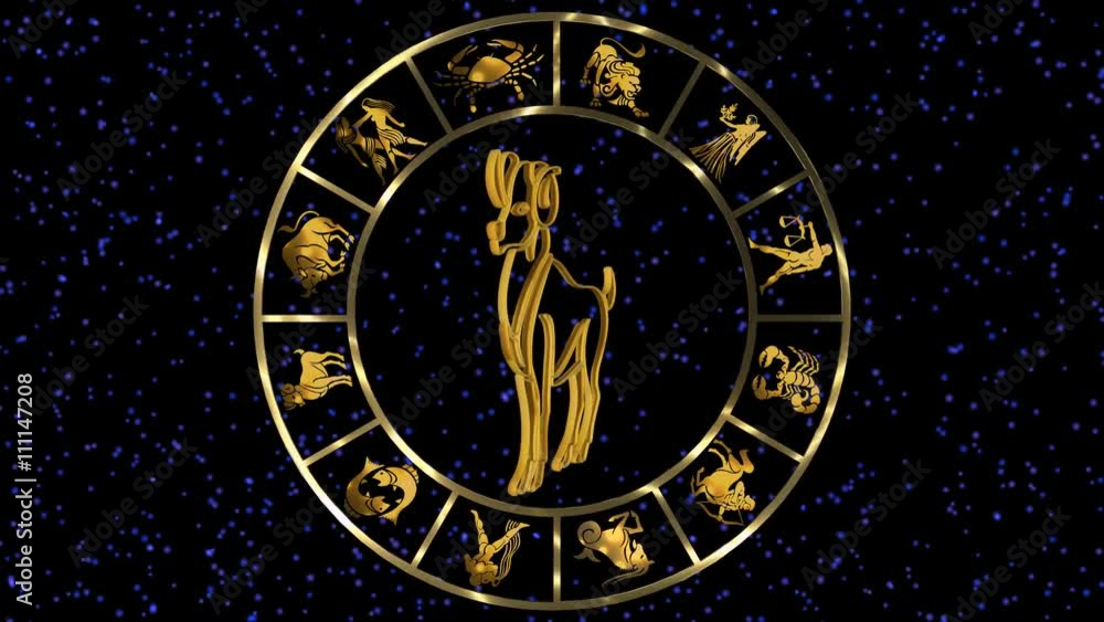 Rotating Golden Zodiac signs on the starry sky Rotating Golden Zodiac signs on the starry sky