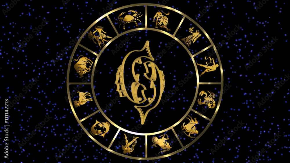 Rotating Golden Zodiac signs on the starry sky Rotating Golden Zodiac signs on the starry sky