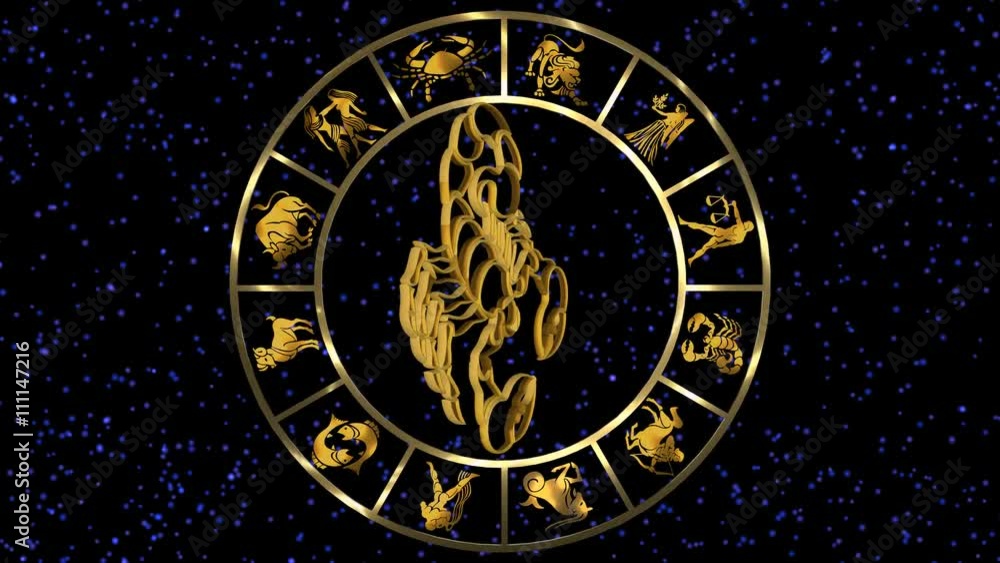 Rotating Golden Zodiac signs on the starry sky Rotating Golden Zodiac signs on the starry sky