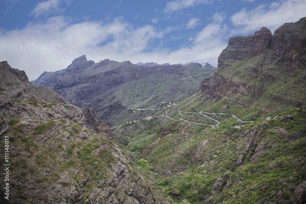 View of Masca village with palms and mountains