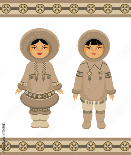 girl and boy eskimo in traditional clothing