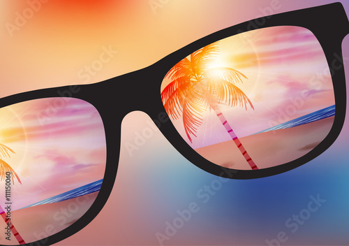 Summer Beach Sunset Design with Sunglasses on Blurred Background - Vector Illustration