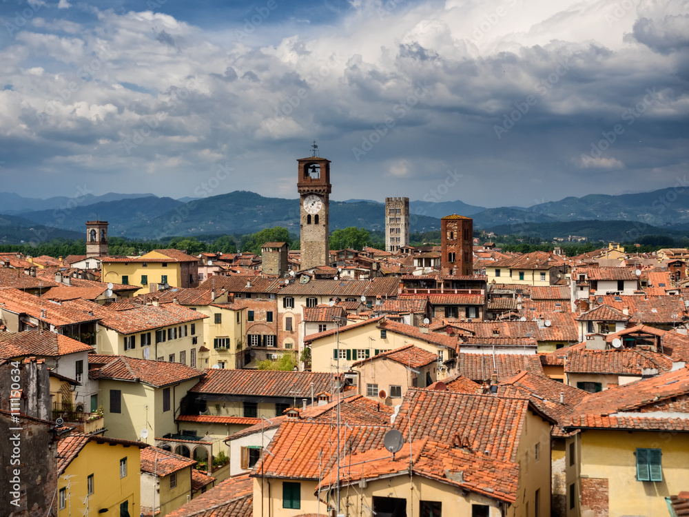 Terracotta rooftops in medieval Lucca,