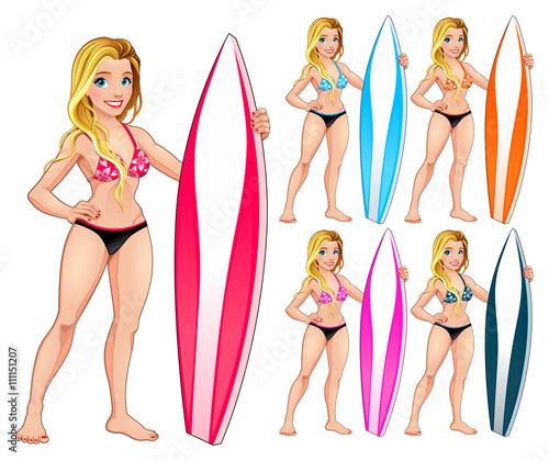 Surfer girl in different colors