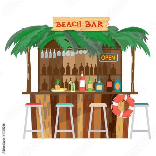 Bar bungalows on the beach ocean coast. Vector flat cartoon isol
