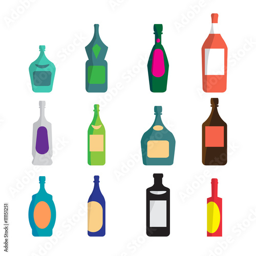 Vector set of different bottles for wine, cognac, liqueur, champ