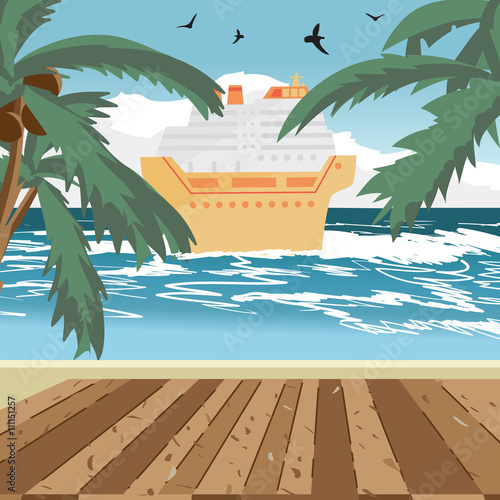 Sea landscape summer beach, wooden floor, cruise ship in the dis