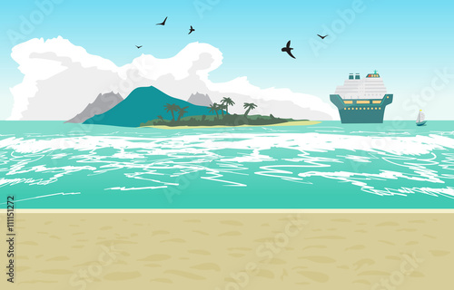 Sea landscape summer beach, cruise ship. Beach of the sea to the