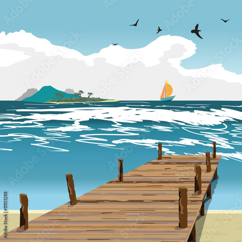 Sea landscape summer beach, old wooden pier, island and yacht in