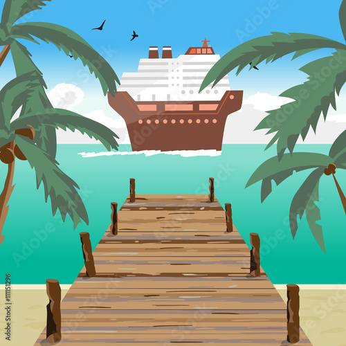 Sea landscape summer beach, old wooden pier, cruise ship in the