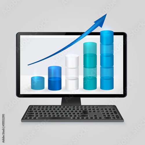 Keyboard and computer monitor with growing bar graph and arrow on screen. analysis business, finance, statistics concept. 