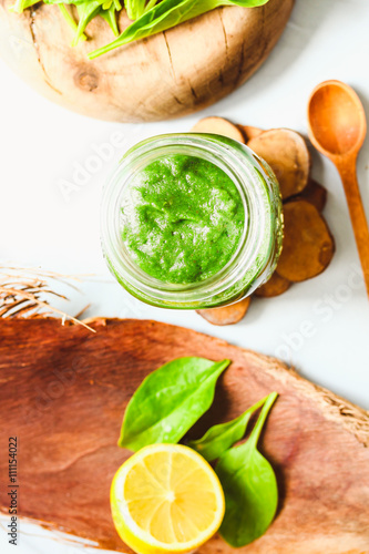 green detox smoothie with spinach  kiwi and citrus  top view