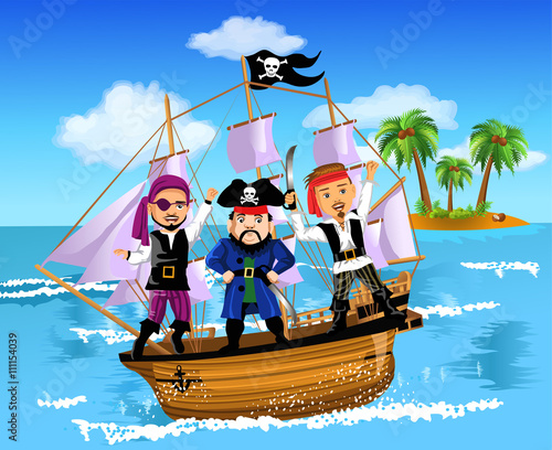 three pirates on a ship in the middle of the ocean