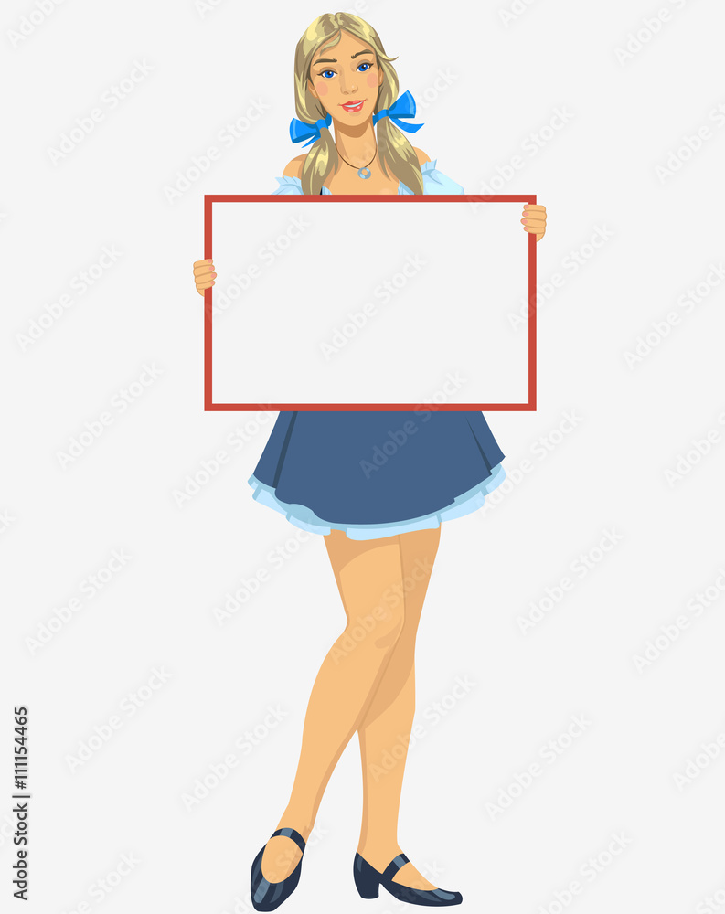 Girl with a blank poster.Beautiful smiling girl holding a blank placard Girl with a blank poster.Beautiful smiling girl holding a blank placard