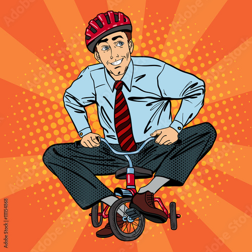Businessman on Children Bicycle. Businessman Riding a Small Bicycle. Pop Art