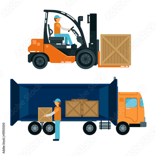 Forklift with Driver. Worker Loading Containers into the Truck.