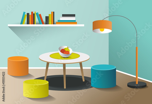 Interior living room. Retro minimalism design. Art cartoon vector.