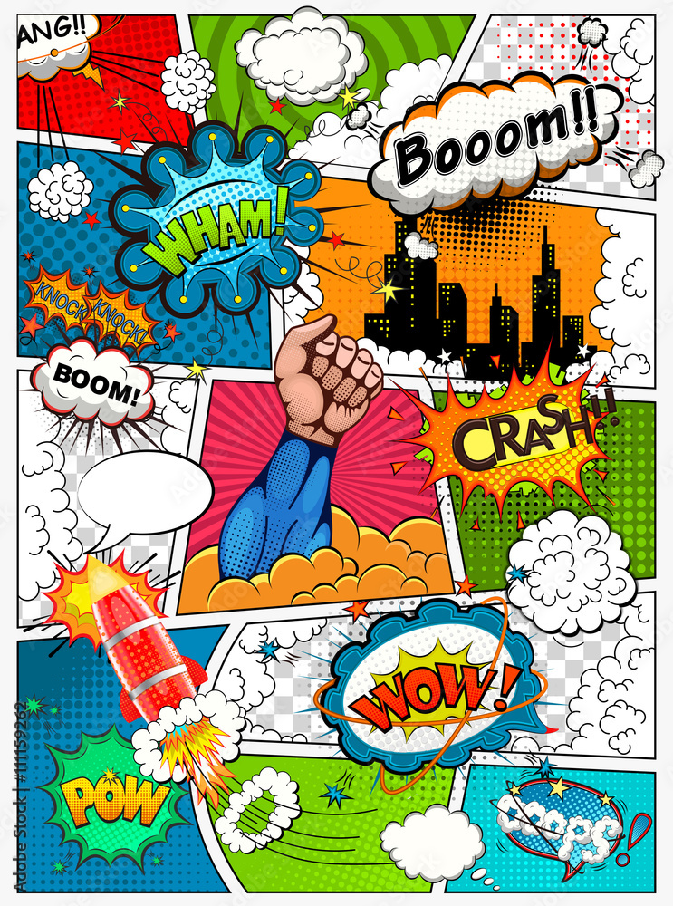 Strona komiksu podzielona liniami z bąbelkami mowy, efektem rakiety, superbohatera i dźwięków. Retro tło makieta. Szablon komiksu. Ilustracji wektorowych