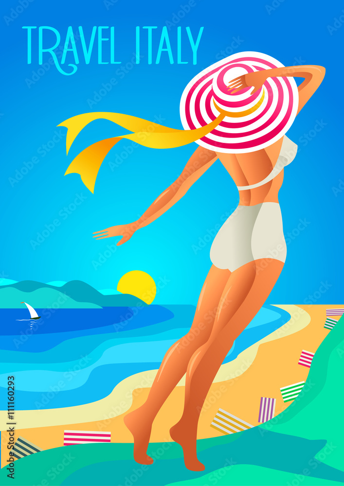 Beautiful woman in a wide-brimmed hat on a tropical beach. The lake shore, the mountains. Holiday on the French Riviera, Liguria. Poster in the Art Deco 