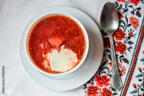 Top view of Borsch - traditional Ukrainian cuisine. 