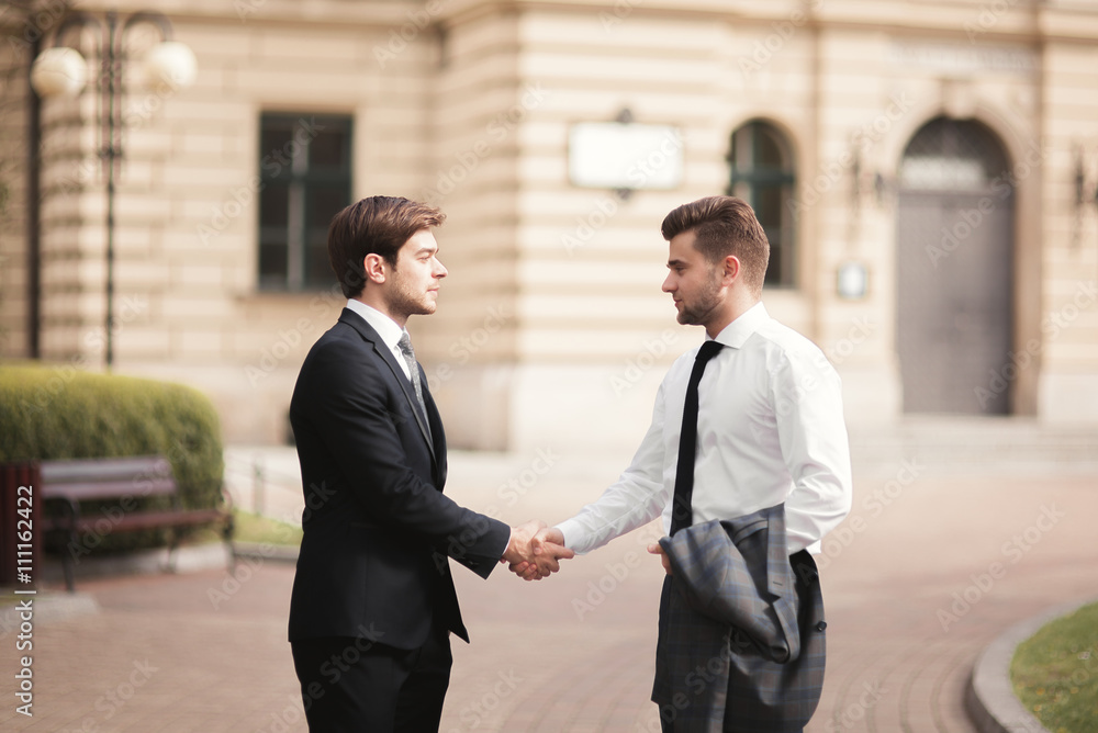 Two stylish businessmen shaking hands in suits Two stylish businessmen shaking hands in suits