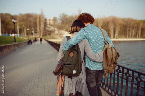 Happy hipster couple on holiday having fun and enjoy the time