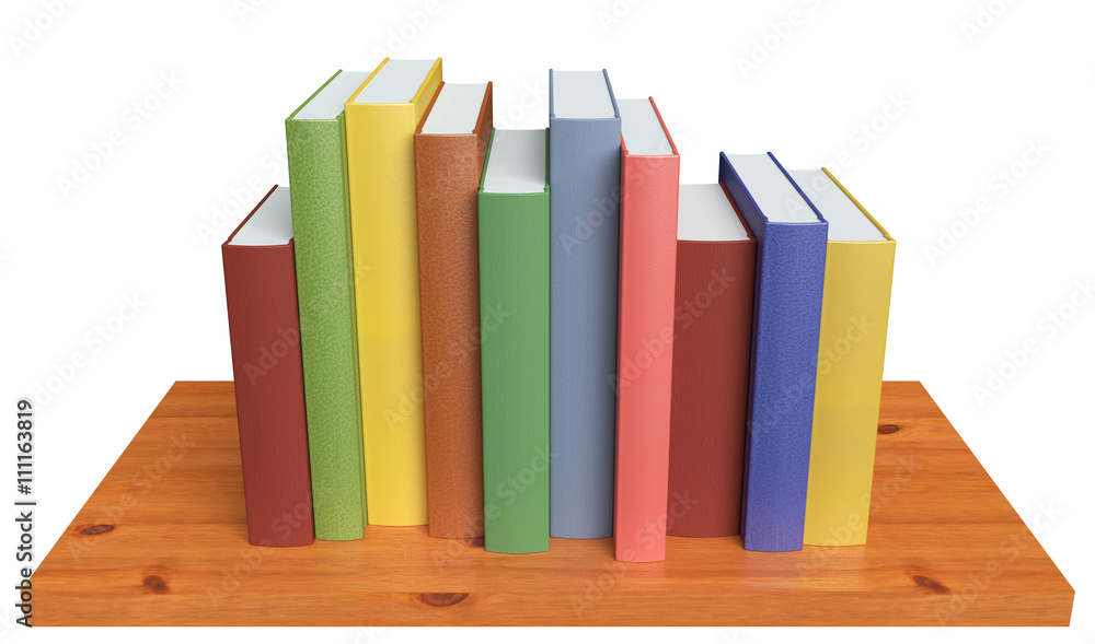 Wooden bookshelf with colored books