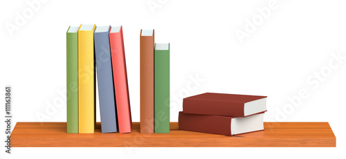 Colored books on wooden bookshelf