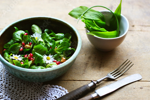 Salat - Feldsalat mit Gänseblümchen, Grantatapfel und Walnüssen, Bärlauch im Frühjahr, vegane pflanzenbeasierte Ernährung für ein gesundes Leben