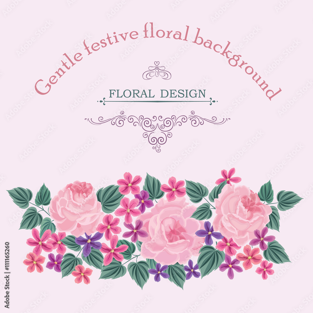 Floral background. Flower pattern. Vintage flourish border greeting card. 