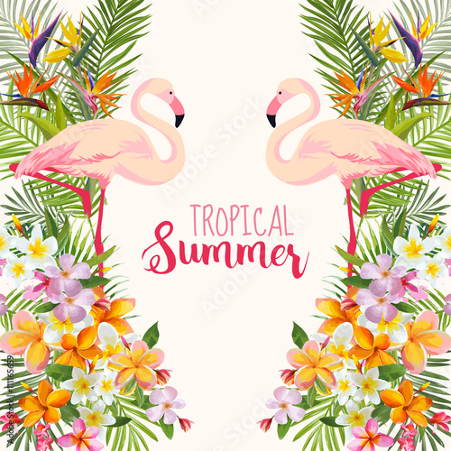 Tropical Flowers. Flamingo Bird. Tropical Background. Tropical Vacation